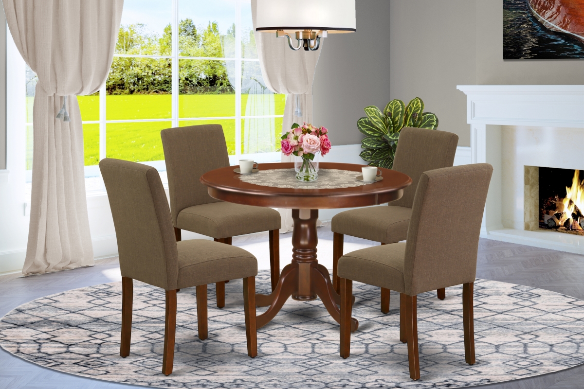 42 in. Hartland Round Dinette Table & Four Parson Chair with Mahogany Leg & Linen Fabric - Coffee, 5 Piece