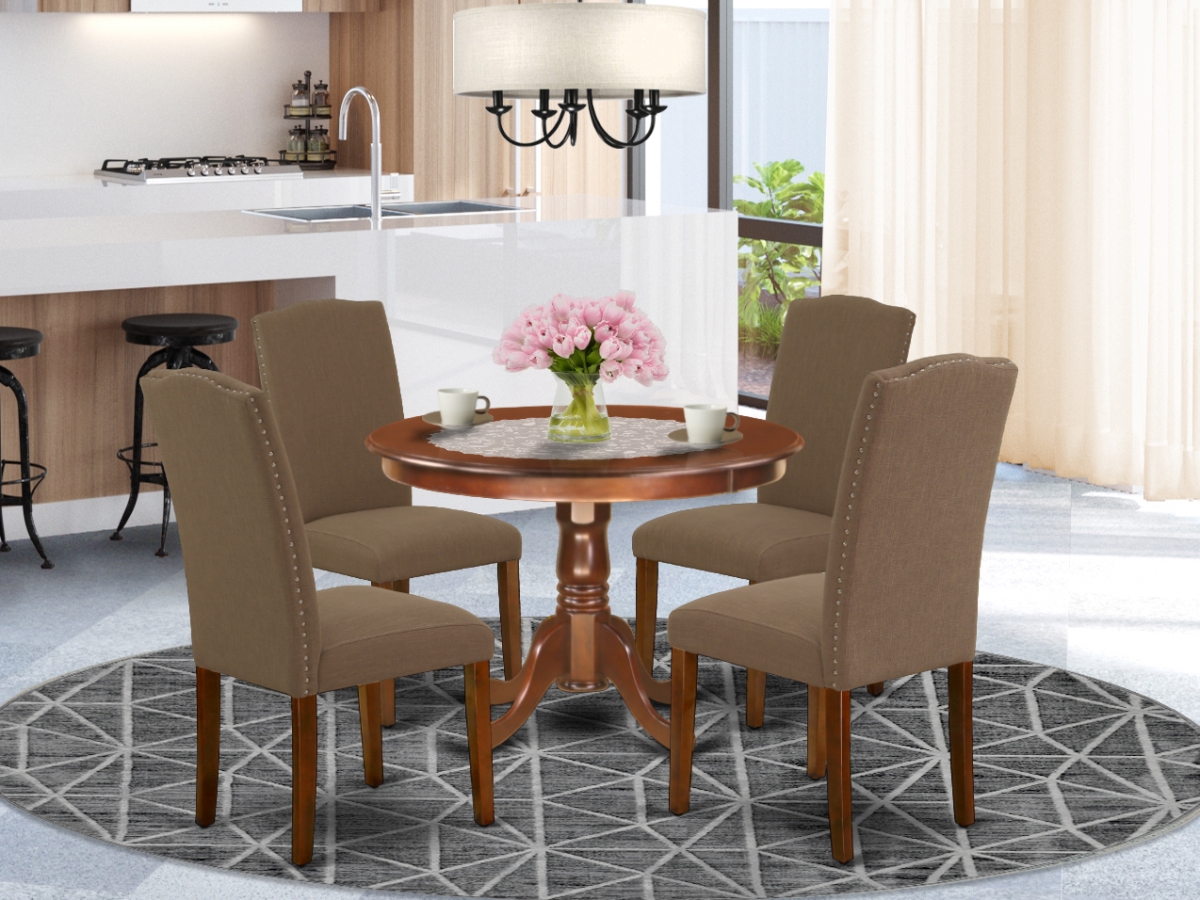 42 in. Hartland Round Dinette Table & Four Parson Chair with Mahogany Leg & Linen Fabric - Dark Coffee, 5 Piece