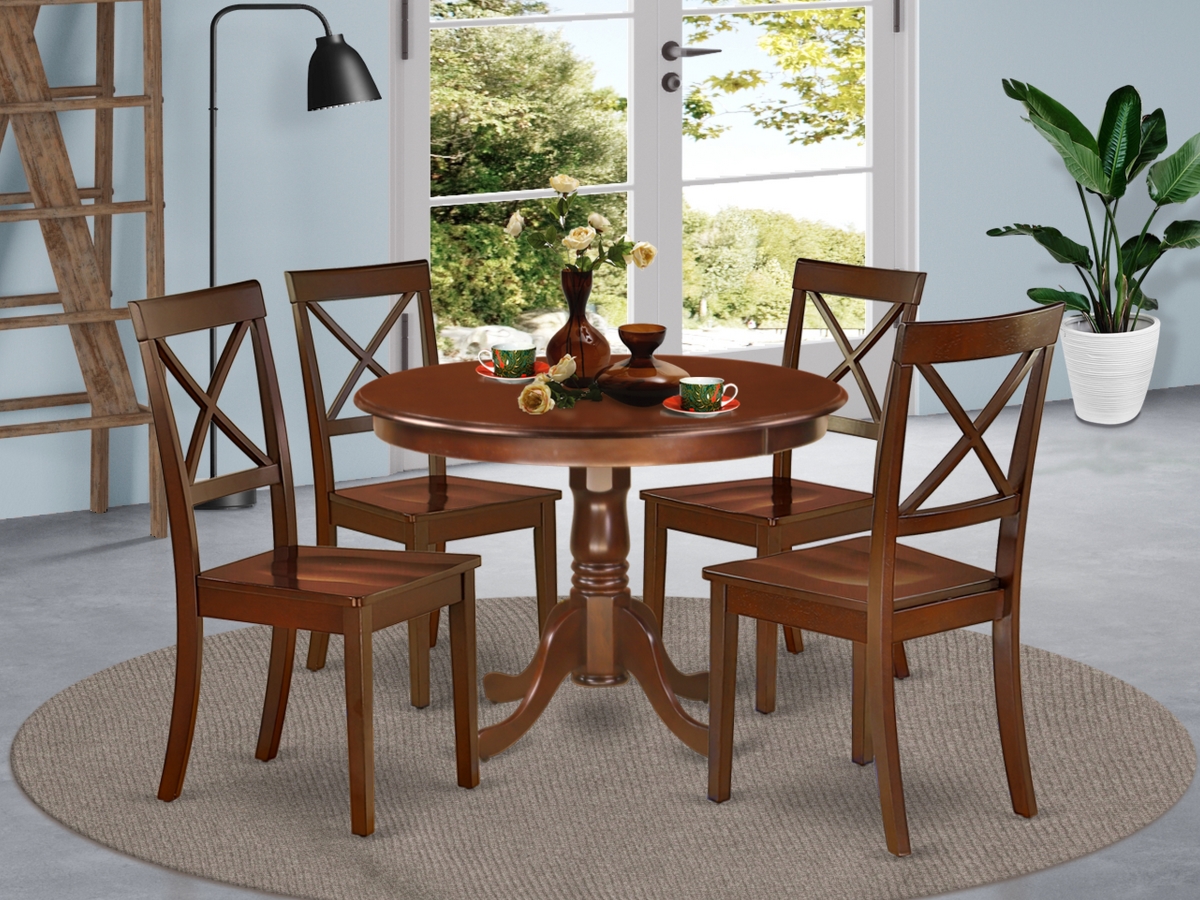 42 in. Hartland Round Dinner Table & Four Wood Seat Kitchen Chairs - Mahogany, 5 Piece