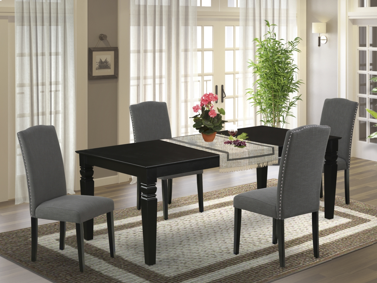 66-84 in. Logan Rectangular Table with 18 in. Leaf & Four Parson Chair with Black Leg & Linen Fabric - Dark Gotham Gray, 5 Piece