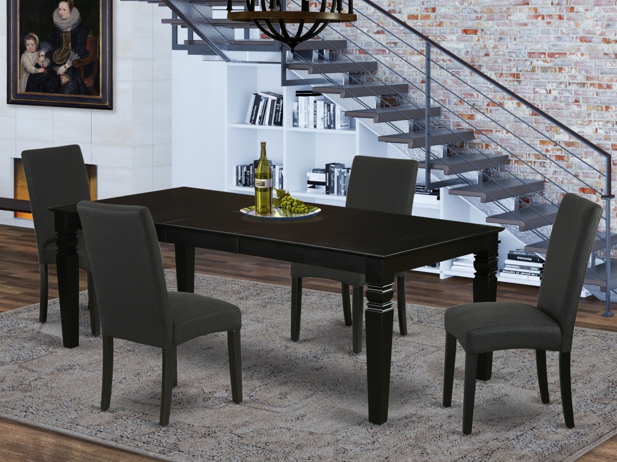 66-84 in. Logan Rectangular Table with 18 in. Leaf & Four Parson Chair with Black Leg & Linen Fabric - Black, 5 Piece