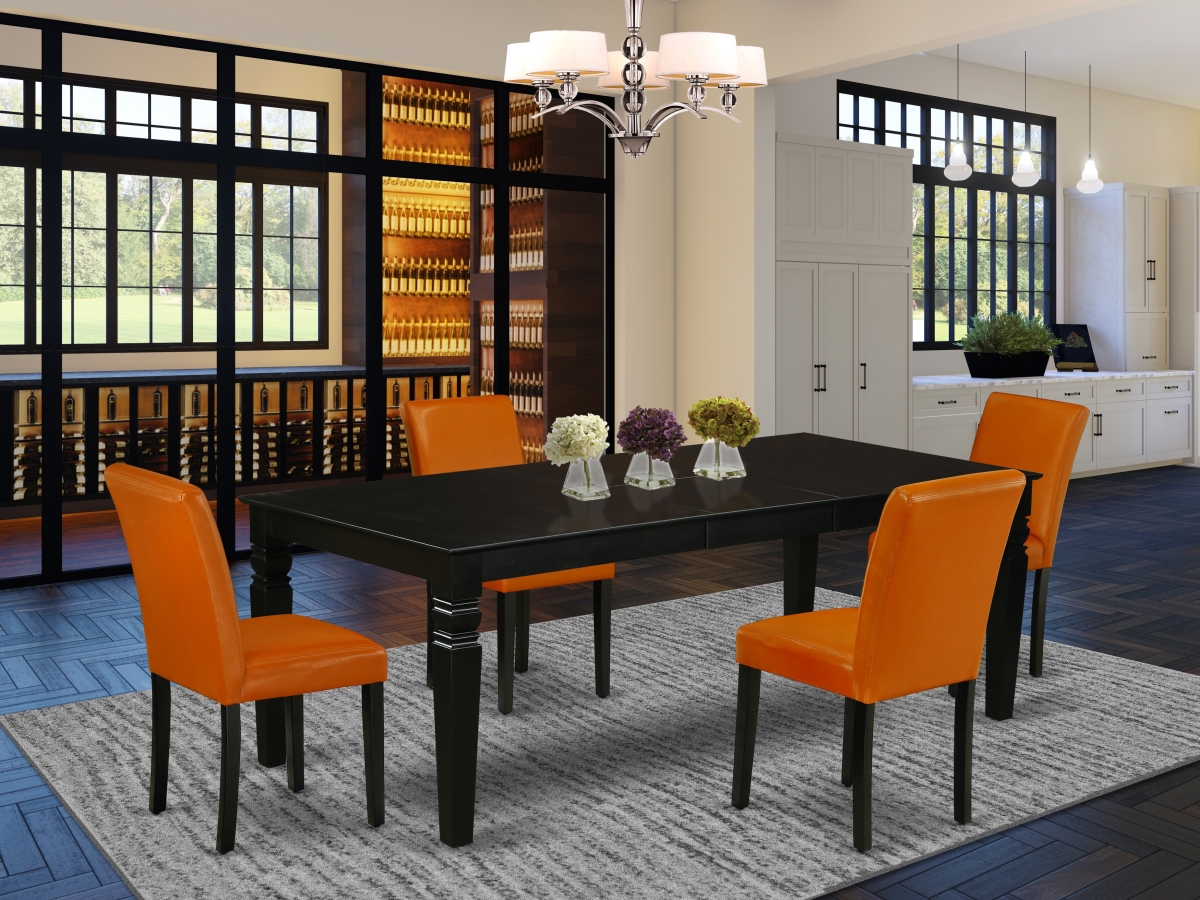 66-84 in. Logan Rectangular Table with 18 in. Leaf & Four Parson Chair with Black Leg & Pu Leather - Baked Bean, 5 Piece