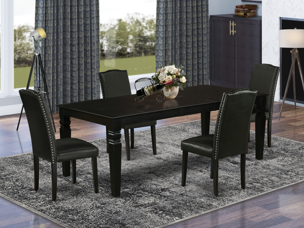 66-84 in. Logan Rectangular Table with 18 in. Leaf & Four Parson Chair with Black Leg & Pu Leather - Black, 5 Piece