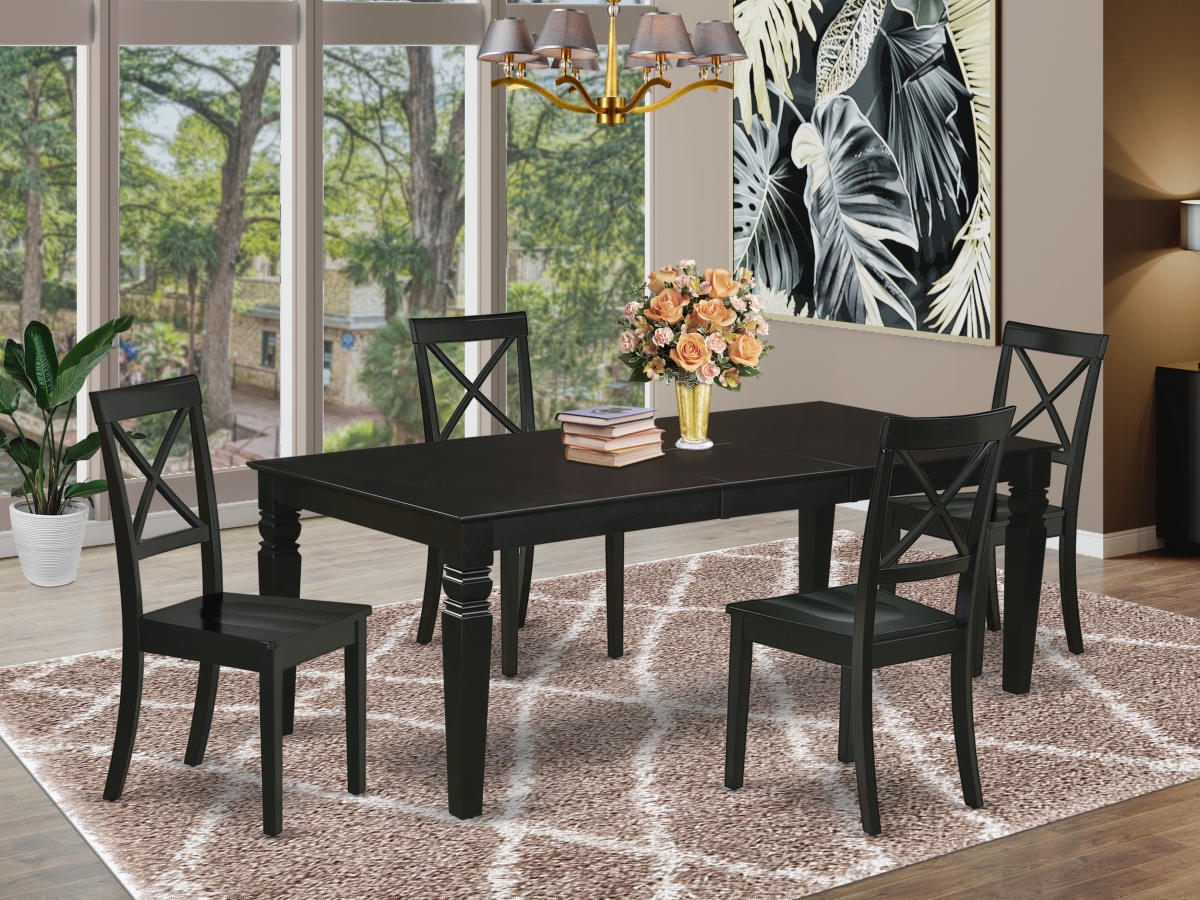 66-84 in. Logan Rectangular Dining Room Table with 18 in. Self Storing Butterfly Leaf & 4 Wood Seat Dining Chairs - Black, 5 Piece