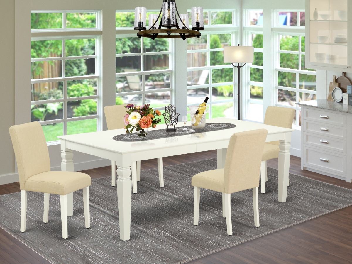 66-84 in. Logan Rectangular Table with 18 in. Leaf & Four Parson Chair with Linen White Leg & Linen Fabric - Light Beige, 5 Piece