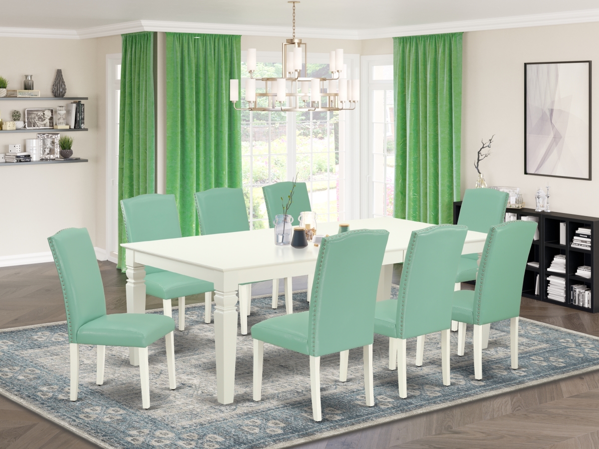 66-84 in. Logan Rectangle Kitchen Table with 18 in. Leaf & Eight Parson Chair with Linen White Leg & Pu Leather - Pond, 9 Piece