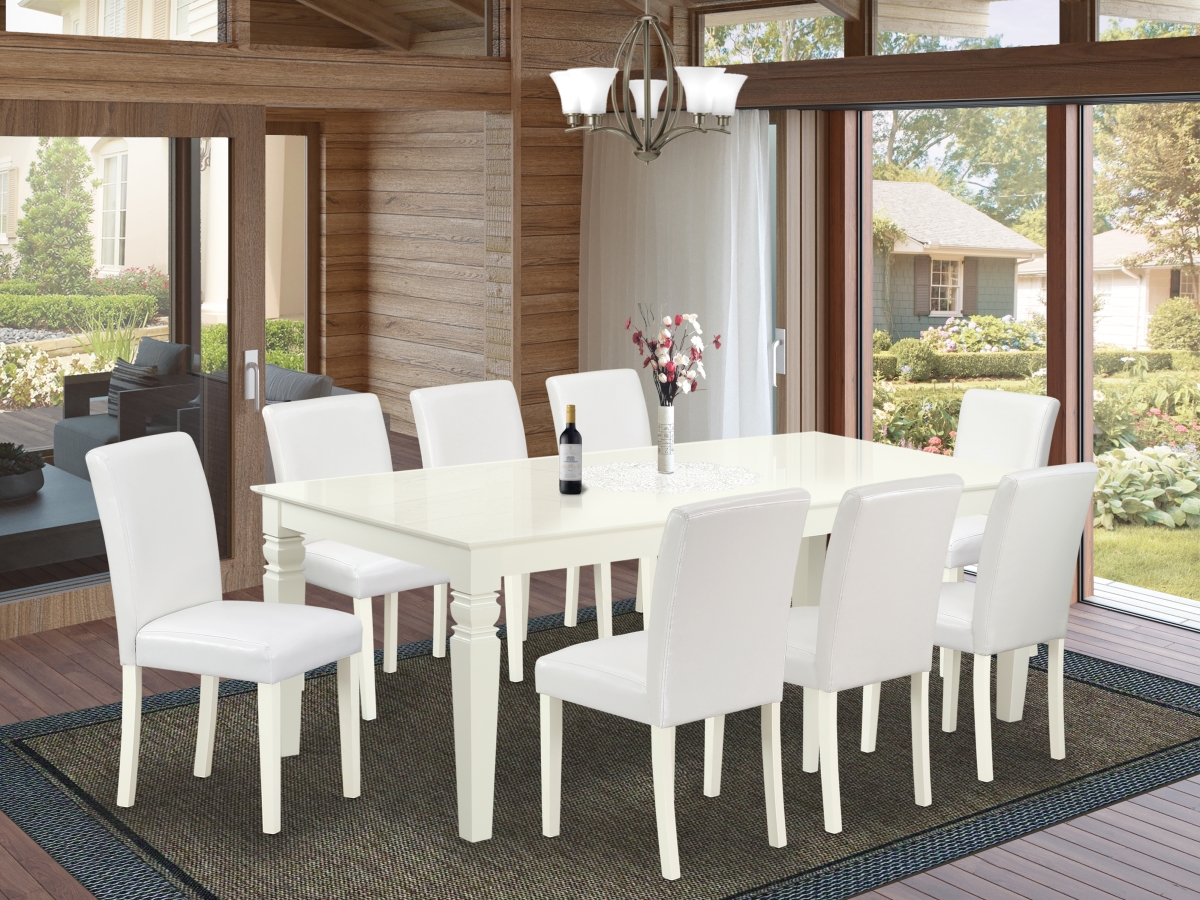 LGAB9-LWH-64 66-84 in. Logan Rectangle Kitchen Table with 18 in. Leaf & Eight Parson Chair with Linen White Leg & Pu Leather - White, 9 Piece