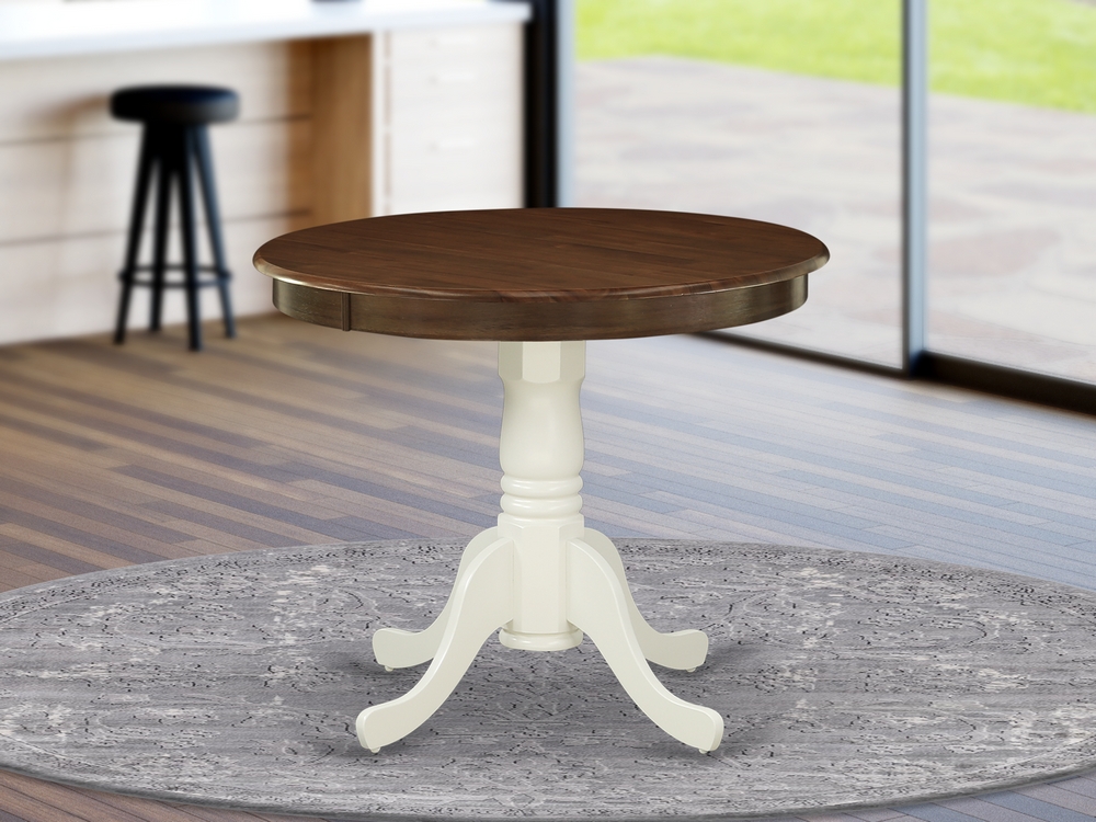 36 in. Antique Round Rubber Wood Walnut Dining Table with Linen White Pedestal