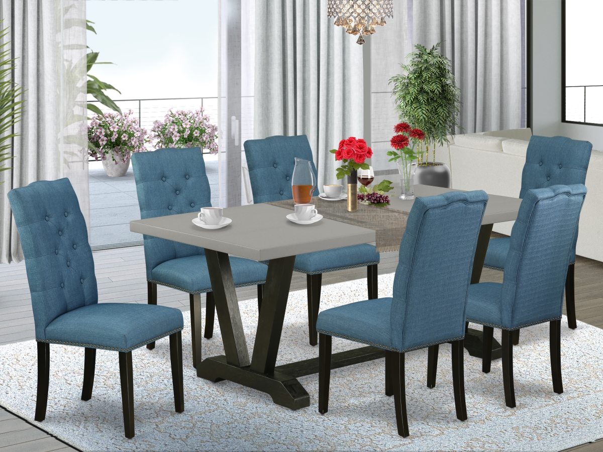 7 Piece V-Style Gorgeous Rectangular Table Set - Mineral Blue, Cement & Wire Brushed Black
