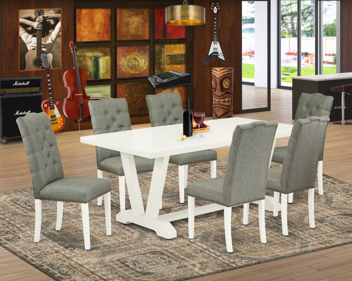 7 Piece V-Style Modern Dining Table Set - Linen White