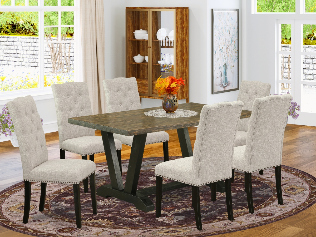 7 Piece V-Style Small Dining Table Set - Dark Khaki