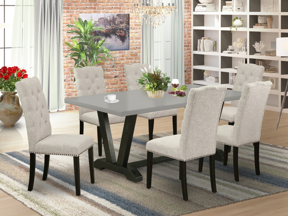 7 Piece V-Style Small Dining Table Set - Dark Khaki