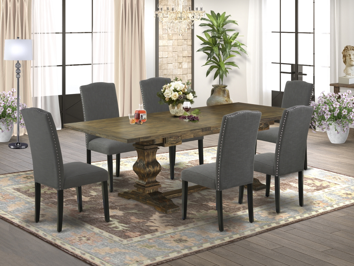 7 Piece Lassale Modern Dining Table Set - Distressed Jacobean, Black & Dark Gotham Gray