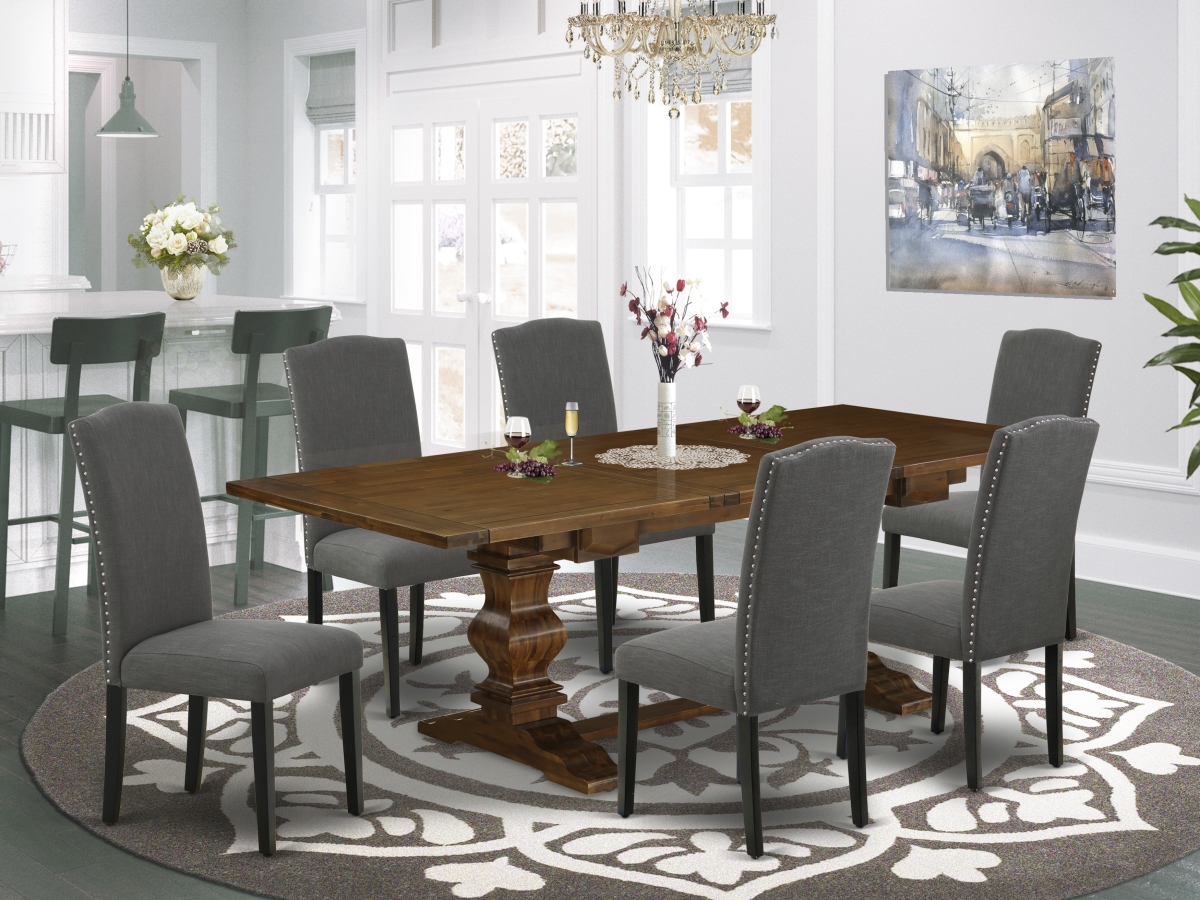 7 Piece Lassale Dining Table Set - Antique Walnut, Black & Dark Gotham Gray