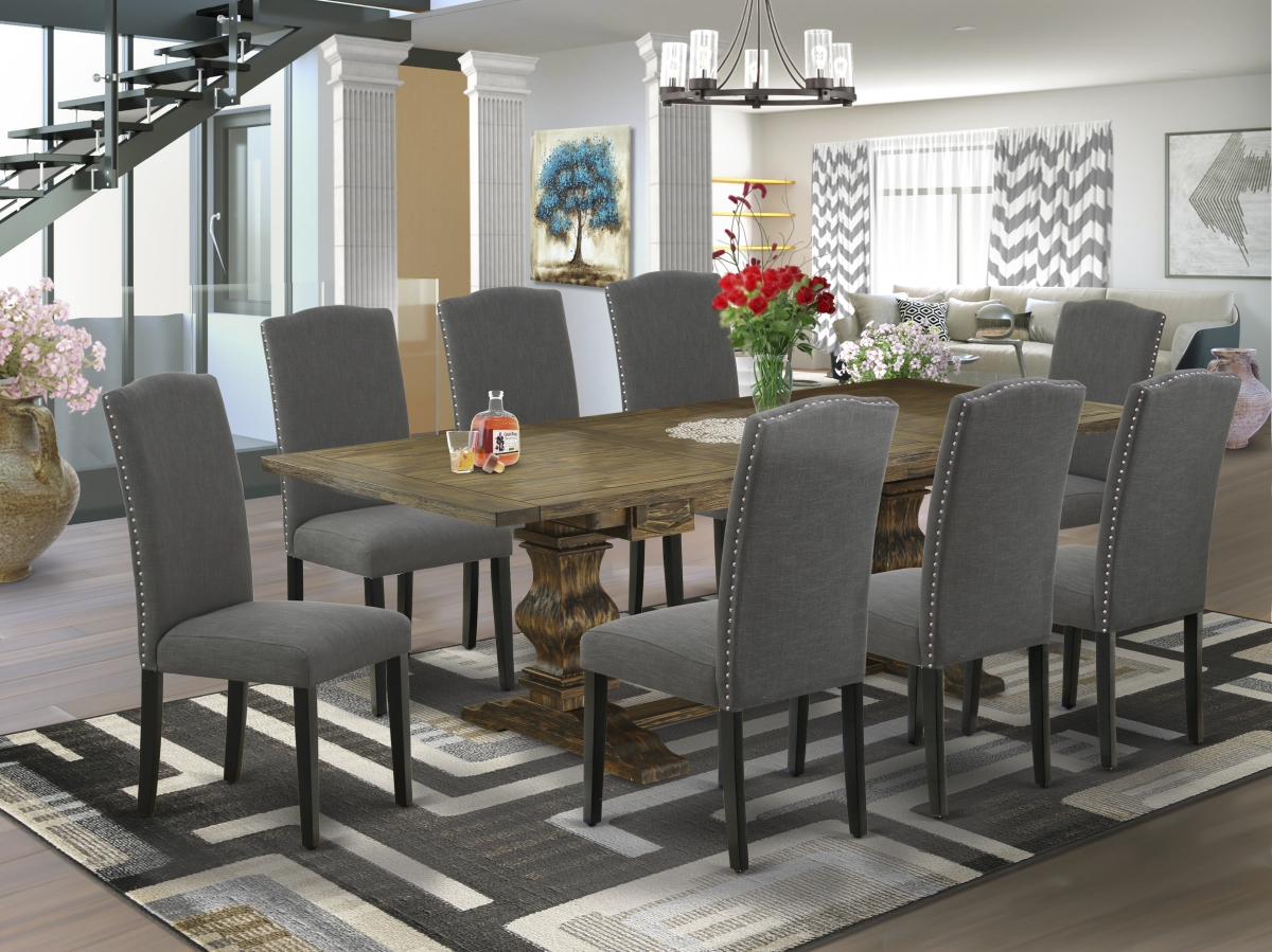 9 Piece Lassale Dining Table Set - Distressed Jacobean, Black & Dark Gotham Gray