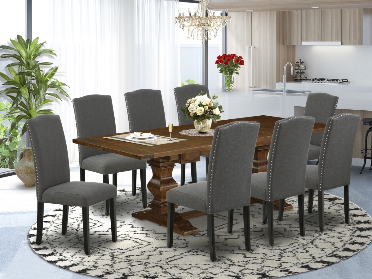 9 Piece Lassale Dining Room Table Set - Antique Walnut, Black & Dark Gotham Gray