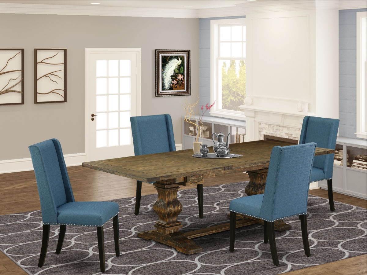 5 Piece Lassale Dining Table Set - Distressed Jacobean, Black & Mineral Blue