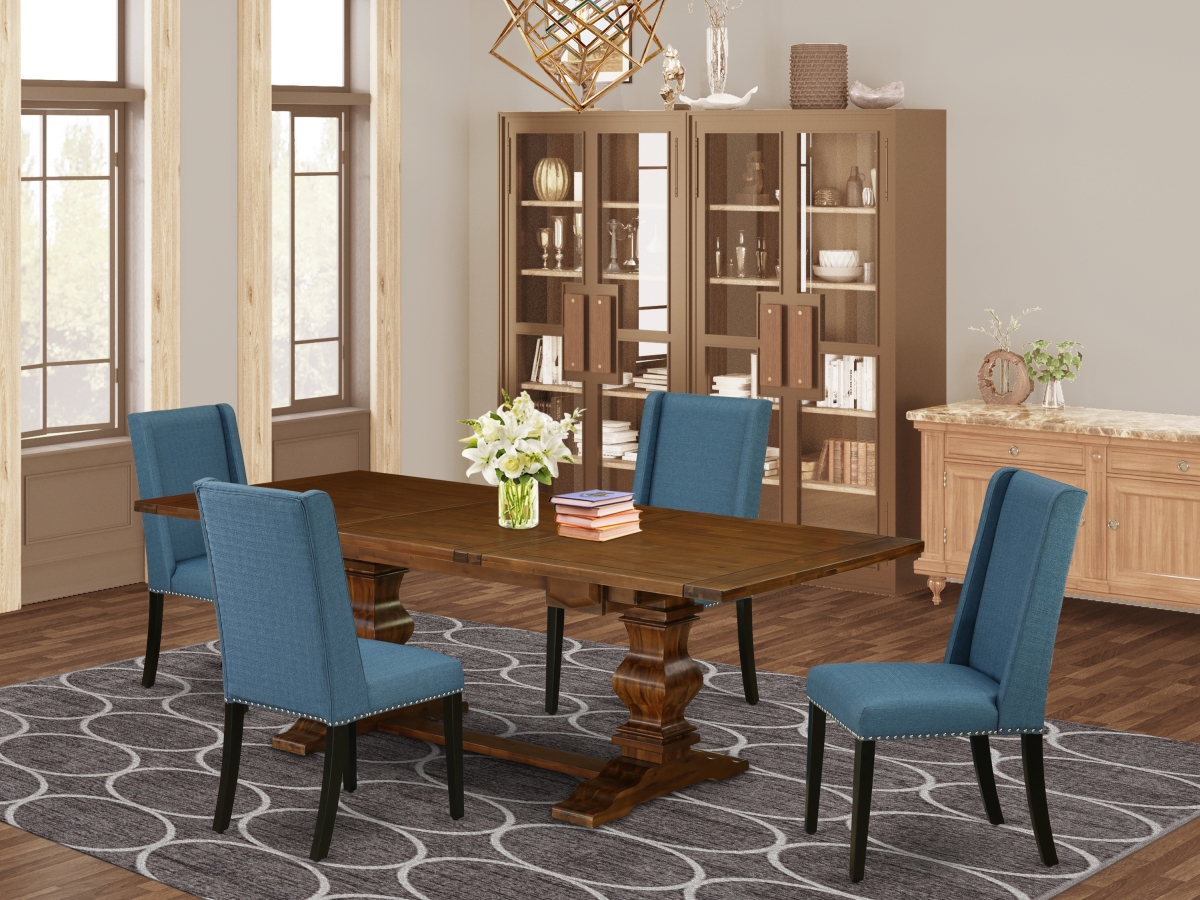 5 Piece Lassale Dining Room Table Set - Antique Walnut, Black & Mineral Blue