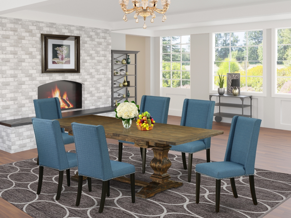 7 Piece Lassale Dining Set - Distressed Jacobean, Black & Mineral Blue