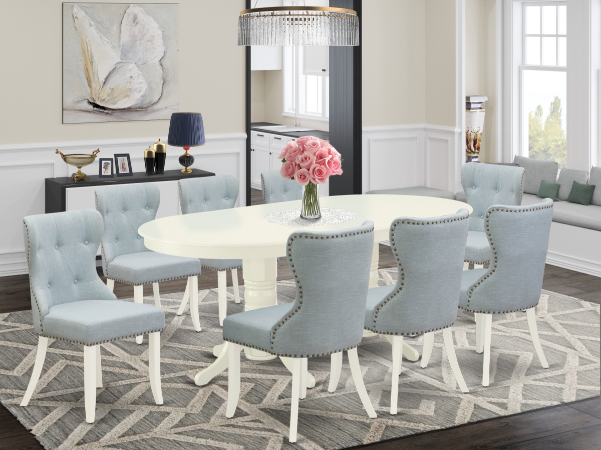 Vancouver Modern Dining Table Set - Linen White & Baby Blue, Set of 8