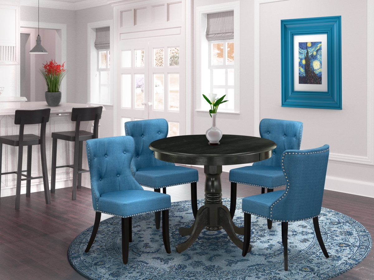 Antique Dining Room Table Set - Black & Mineral Blue, Set of 4