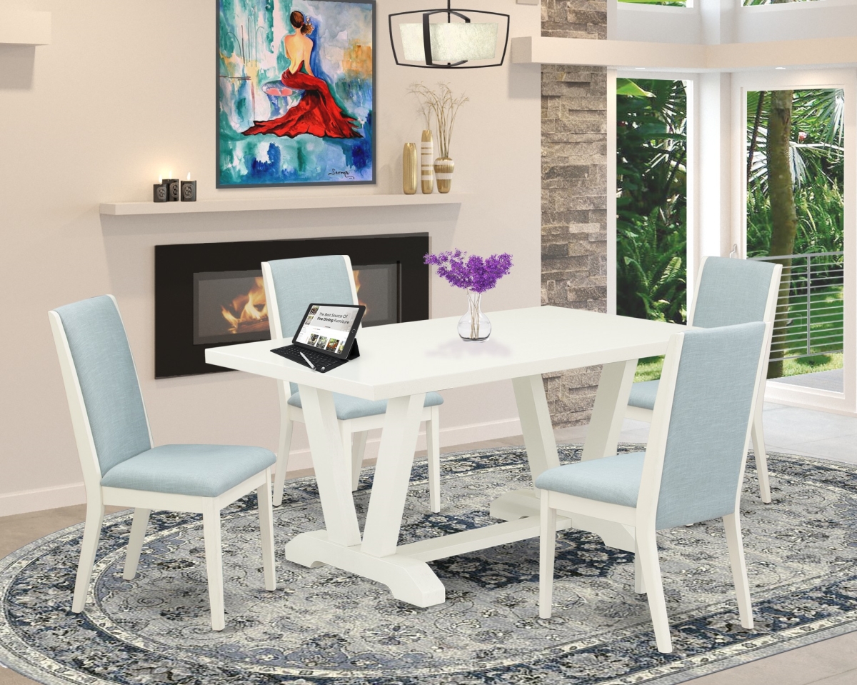 5 Piece V-Style Kitchen Table Set - Wirebrushed Linen White & Baby Blue