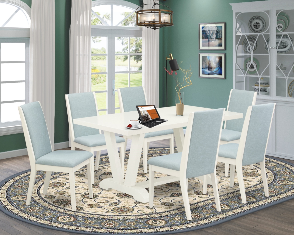7 Piece V-Style Wood Dining Table Set - Wirebrushed Linen White & Baby Blue