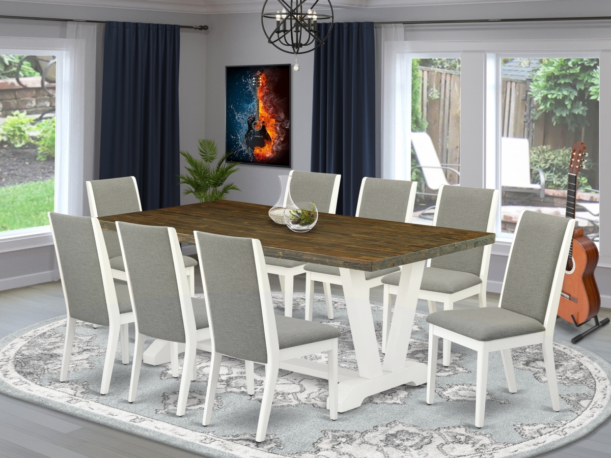 9 Piece V-Style Fashionable Dining Set - Shitake, Distressed Jacobean & Linen White