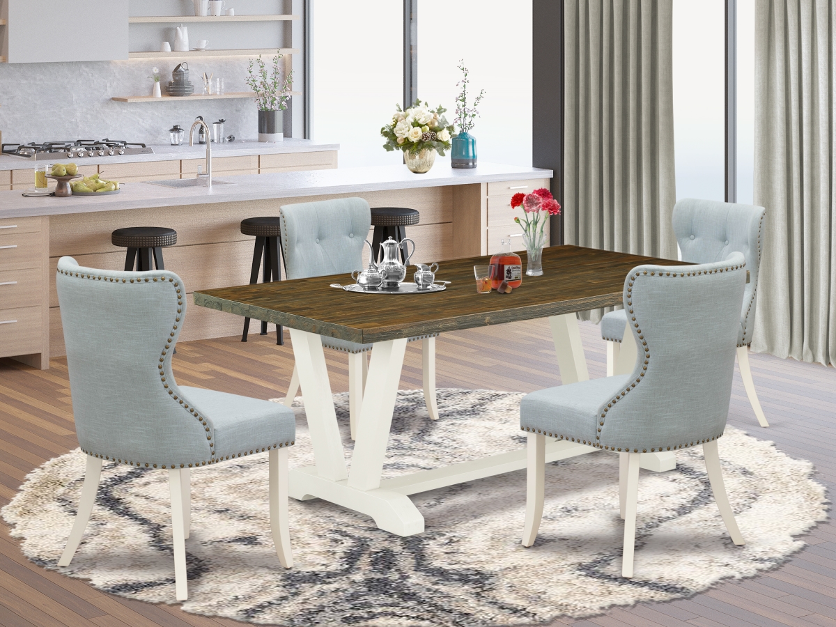 5 Piece V-Style Modern Dining Set - Distressed Jacobean, Wire Brushed Linen White & Linen White