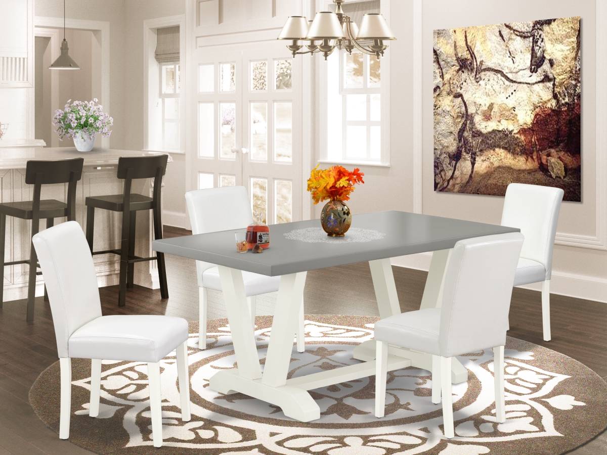 V096AB264-5 5 Piece V-Style Stylish Dining Room Set - White, Cement & Linen White -  East West Furniture