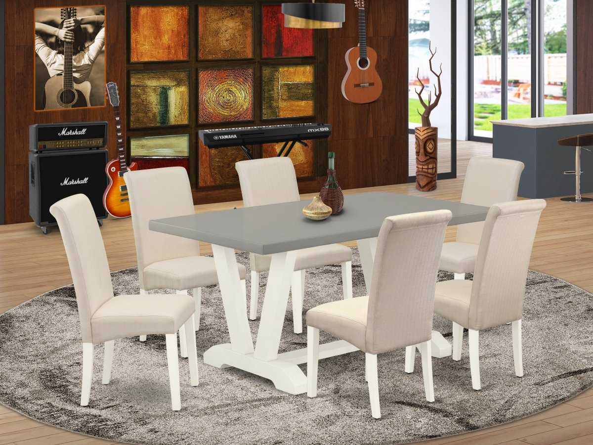 V096BA201-7 7 Piece V-Style Stylish Modern Dining Table Set - Cream, Cement & Linen White -  East West Furniture