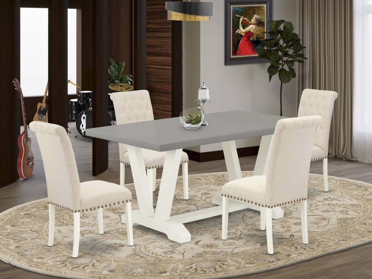 V096BR202-5 5 Piece V-Style Stylish Dining Room Table Set - Light Beige, Cement & Linen White -  East West Furniture