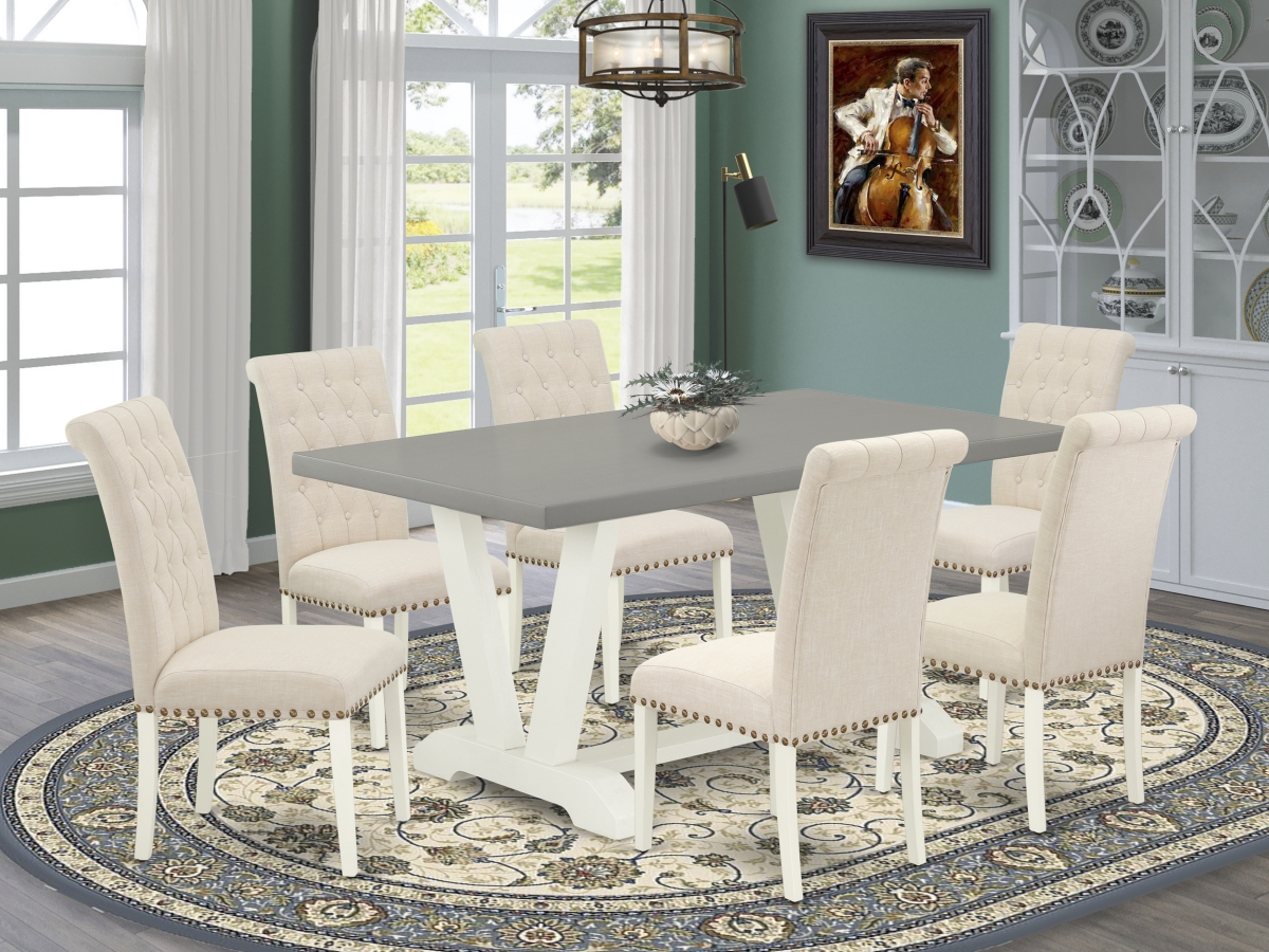 7 Piece V-Style Awesome Dining Table Set - Light Beige, Cement & Linen White