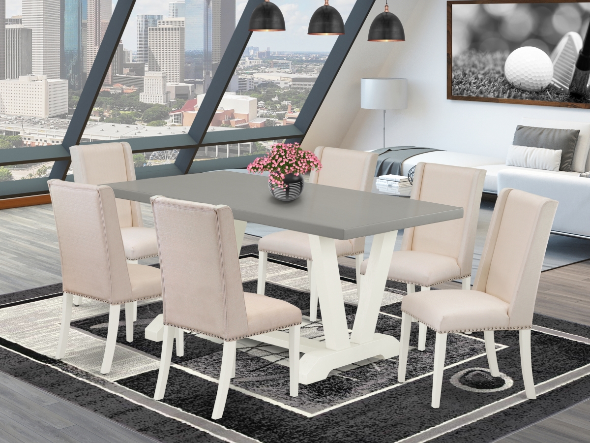 7 Piece V-Style Fashionable Dining Room Table Set - Cream, Cement & Linen White