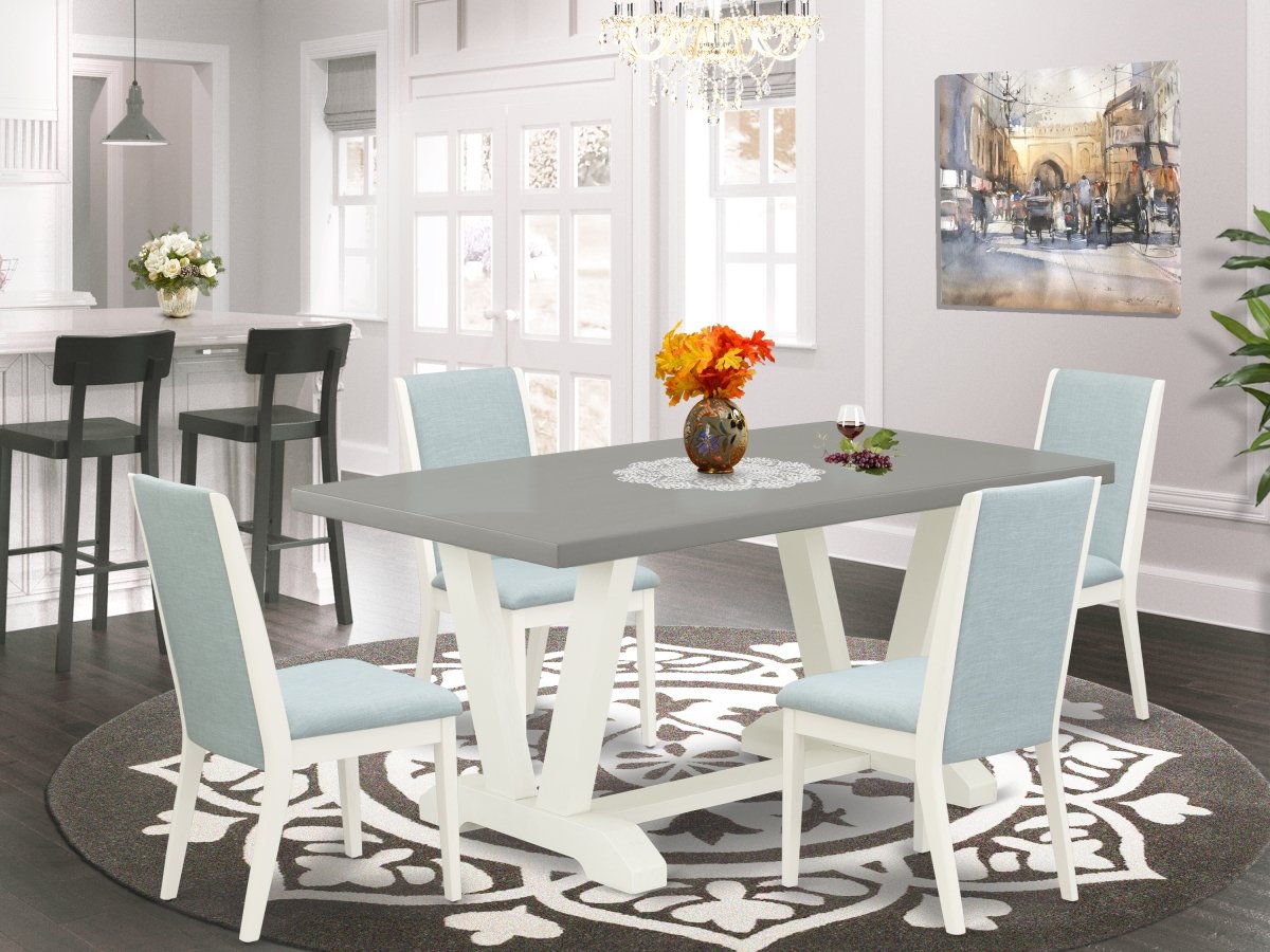 V096LA015-5 5 Piece V-Style Beautiful Rectangular Dining Room Table Set - Baby Blue, Cement & Linen White -  East West Furniture