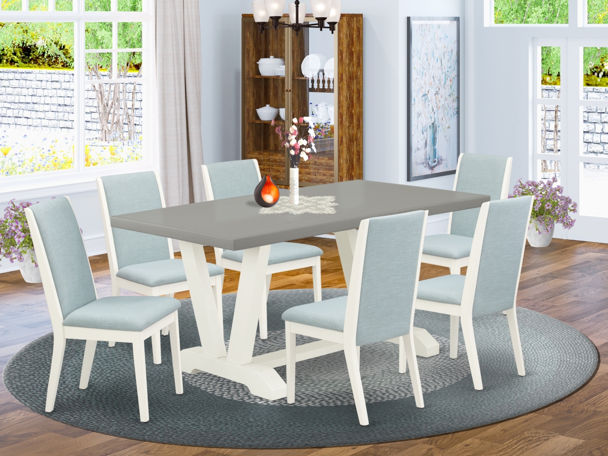 7 Piece V-Style Fashionable Kitchen Table Set - Baby Blue, Cement & Linen White