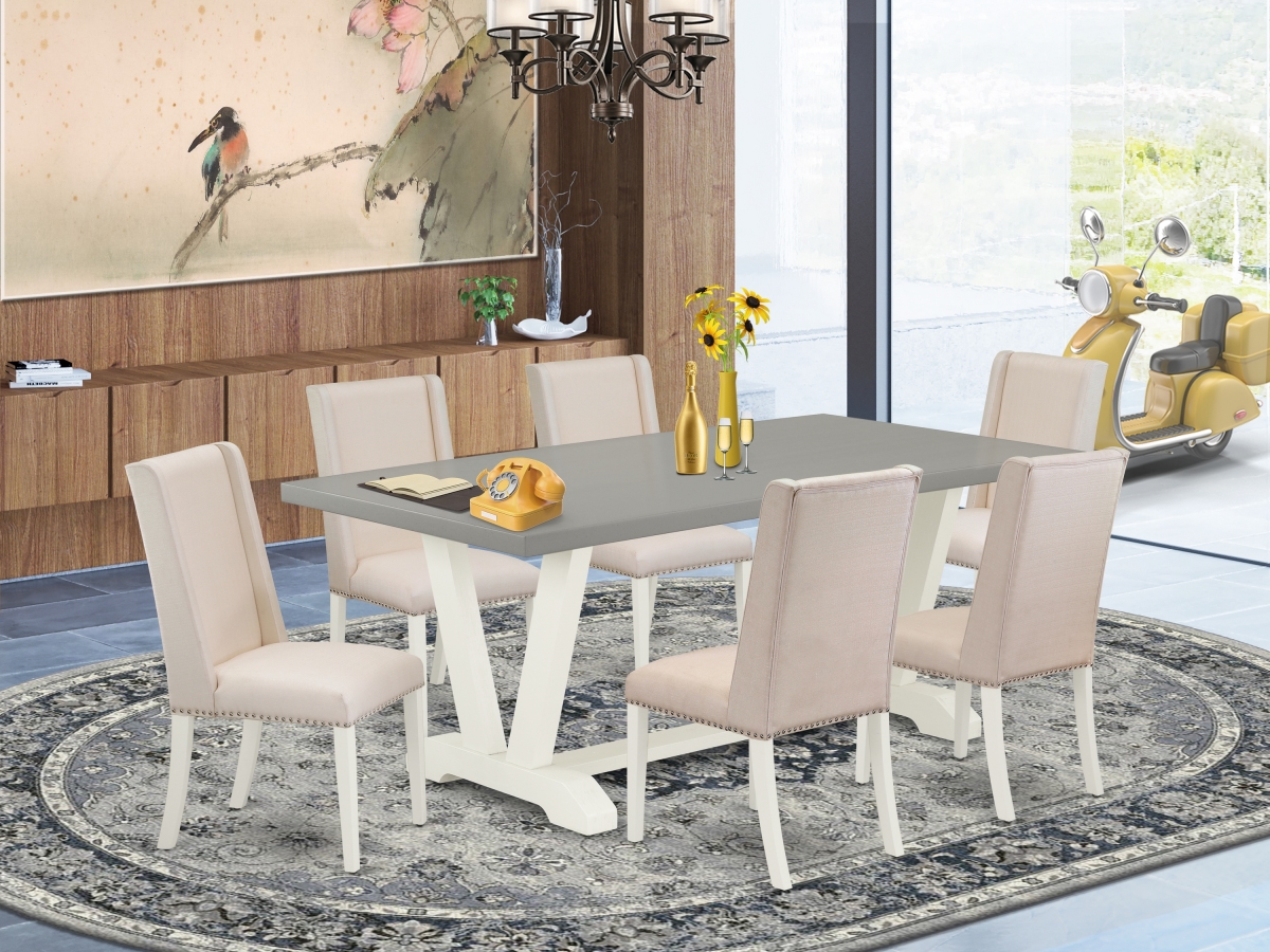 7 Piece V-Style Gorgeous Dining Room Set - Cream, Cement & Linen White