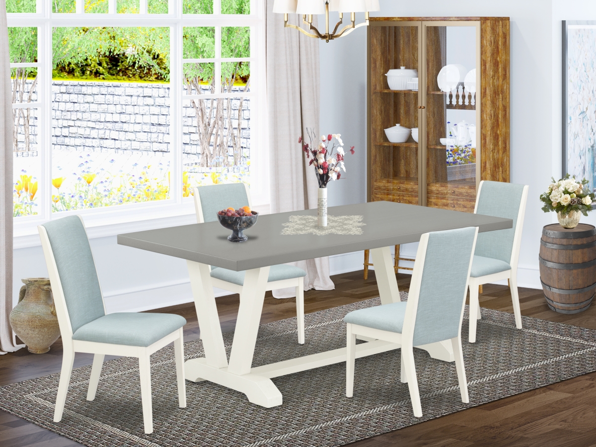 V097LA015-5 5 Piece V-Style Beautiful Dining Room Table Set - Baby Blue, Cement & Linen White -  East West Furniture