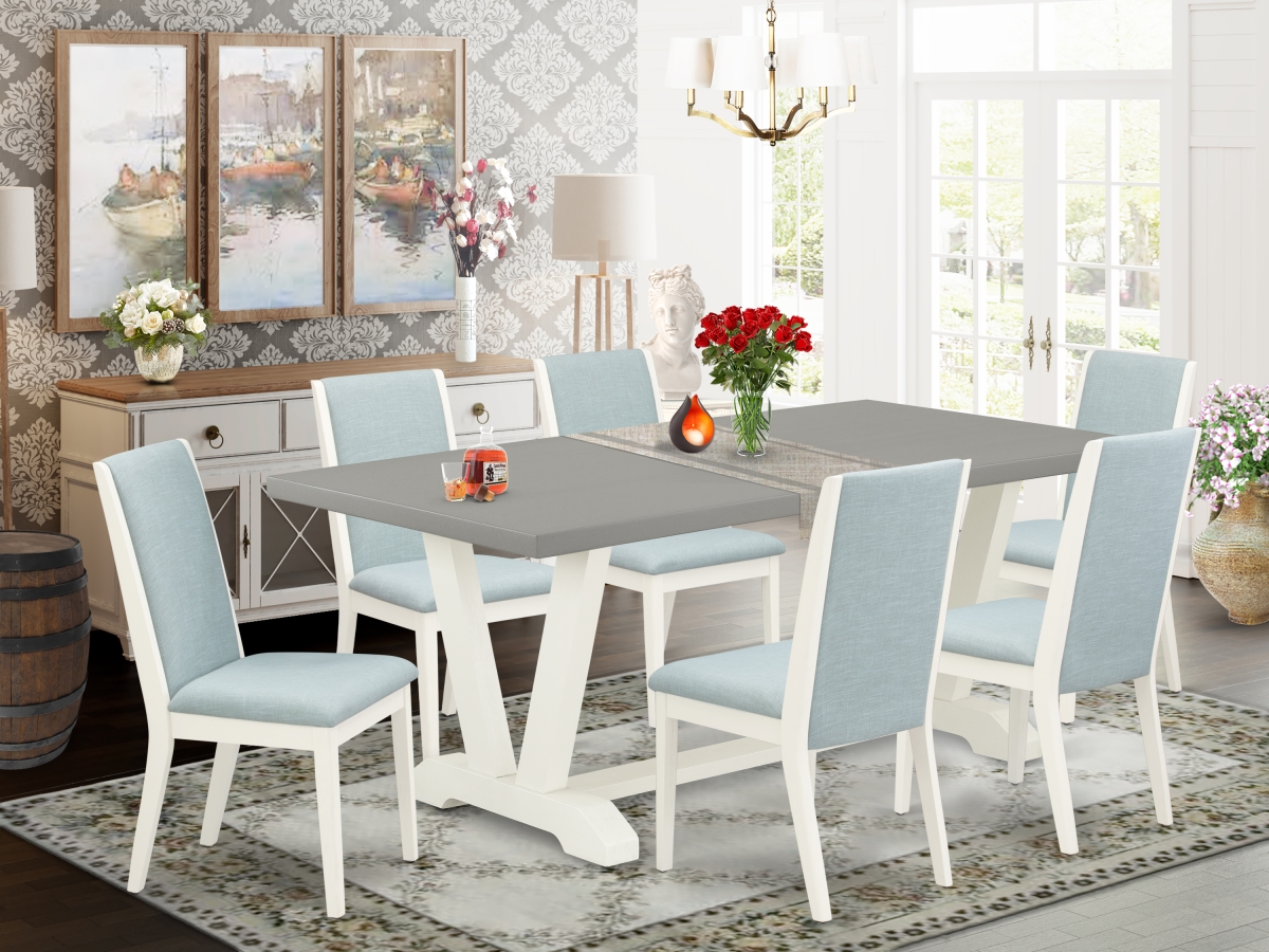 7 Piece V-Style Modern Dinette Set - Baby Blue, Cement & Linen White