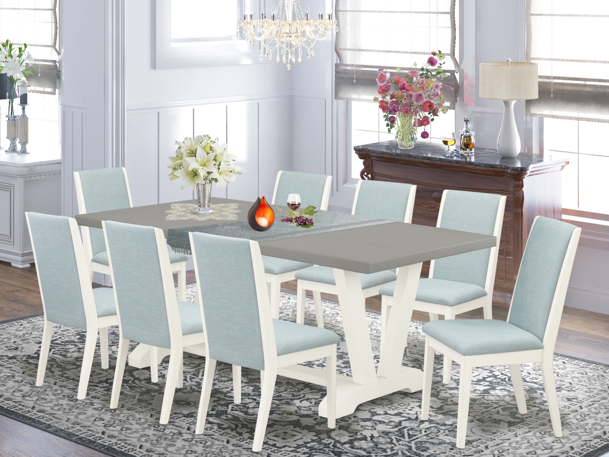 9 Piece V-Style Stylish Dinette Set - Baby Blue, Cement & Linen White