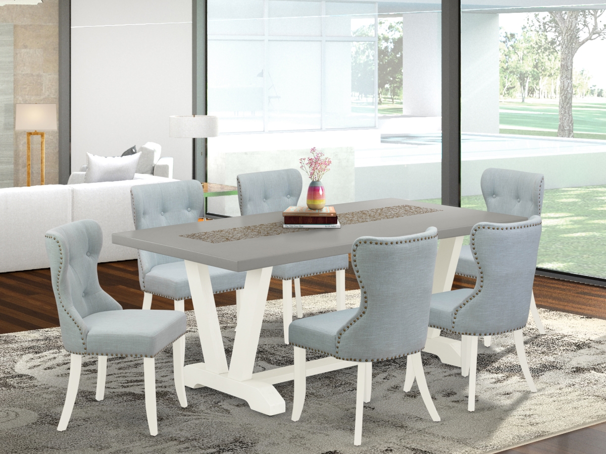 7 Piece V-Style Dining Table Set - Linen White