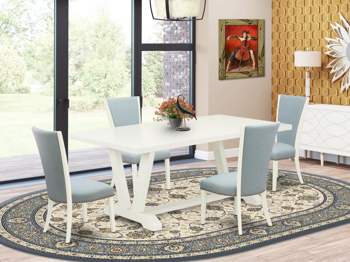 5 Piece V-Style Mid Century Dining Room Set - Linen White