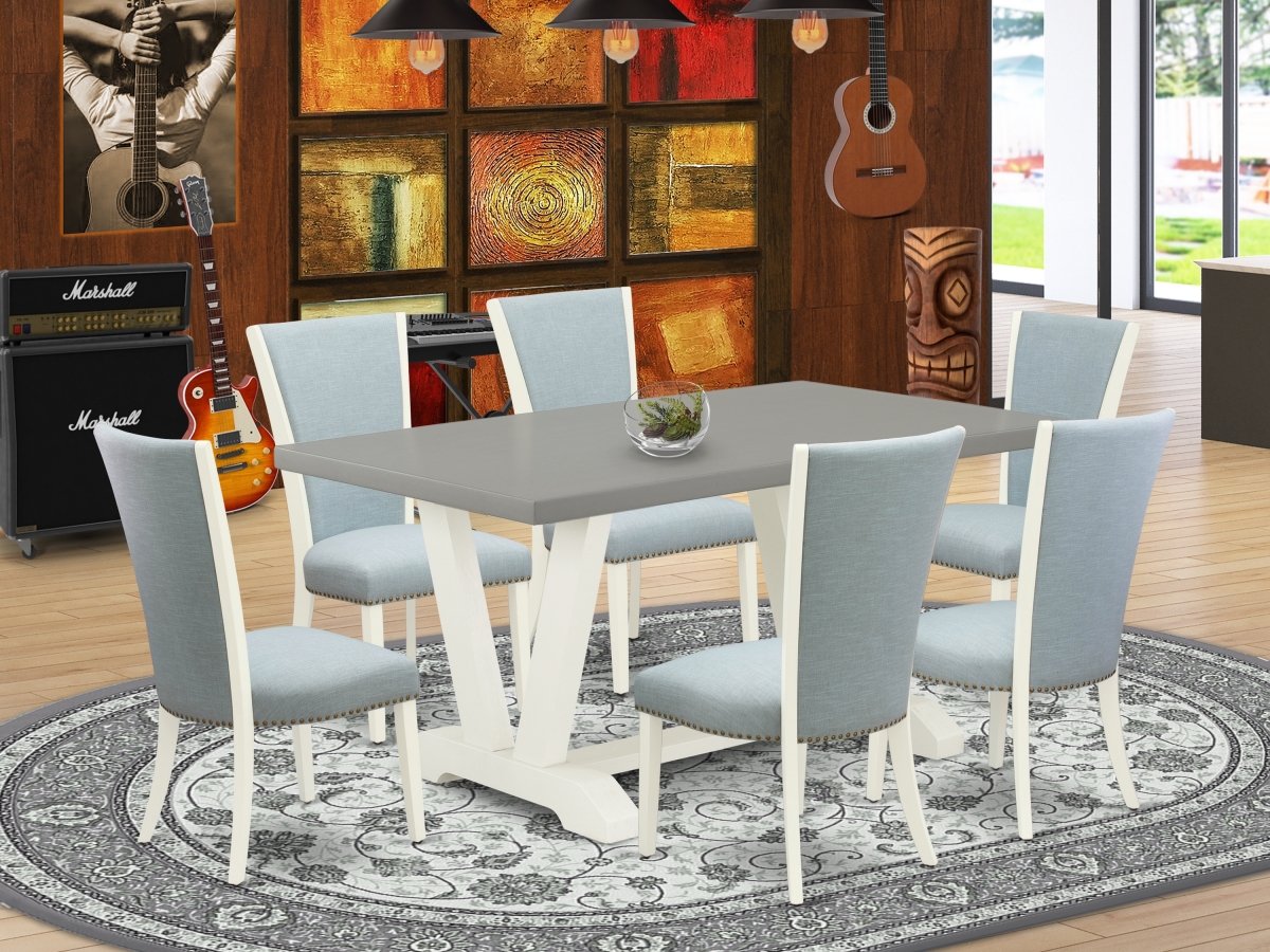 7 Piece V-Style Dining Table Set - Linen White