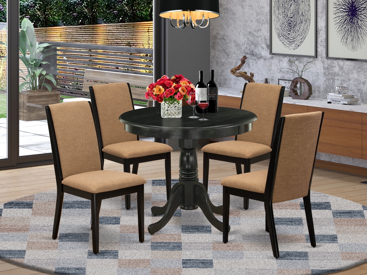 5 Piece Antique Round Dinette Set - Light Sable & Wire Brushed Black