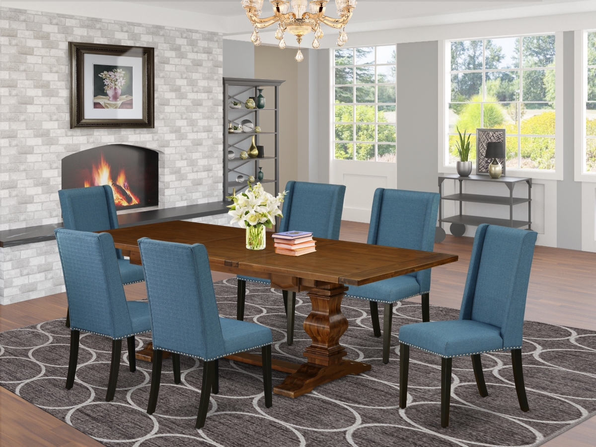 7 Piece Lassale Wood Dining Table Set - Antique Walnut, Black & Mineral Blue