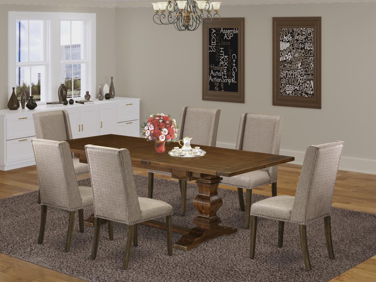 7 Piece Lassale Dining Room Table Set - Antique Walnut, Distressed Jacobean & Dark Khaki