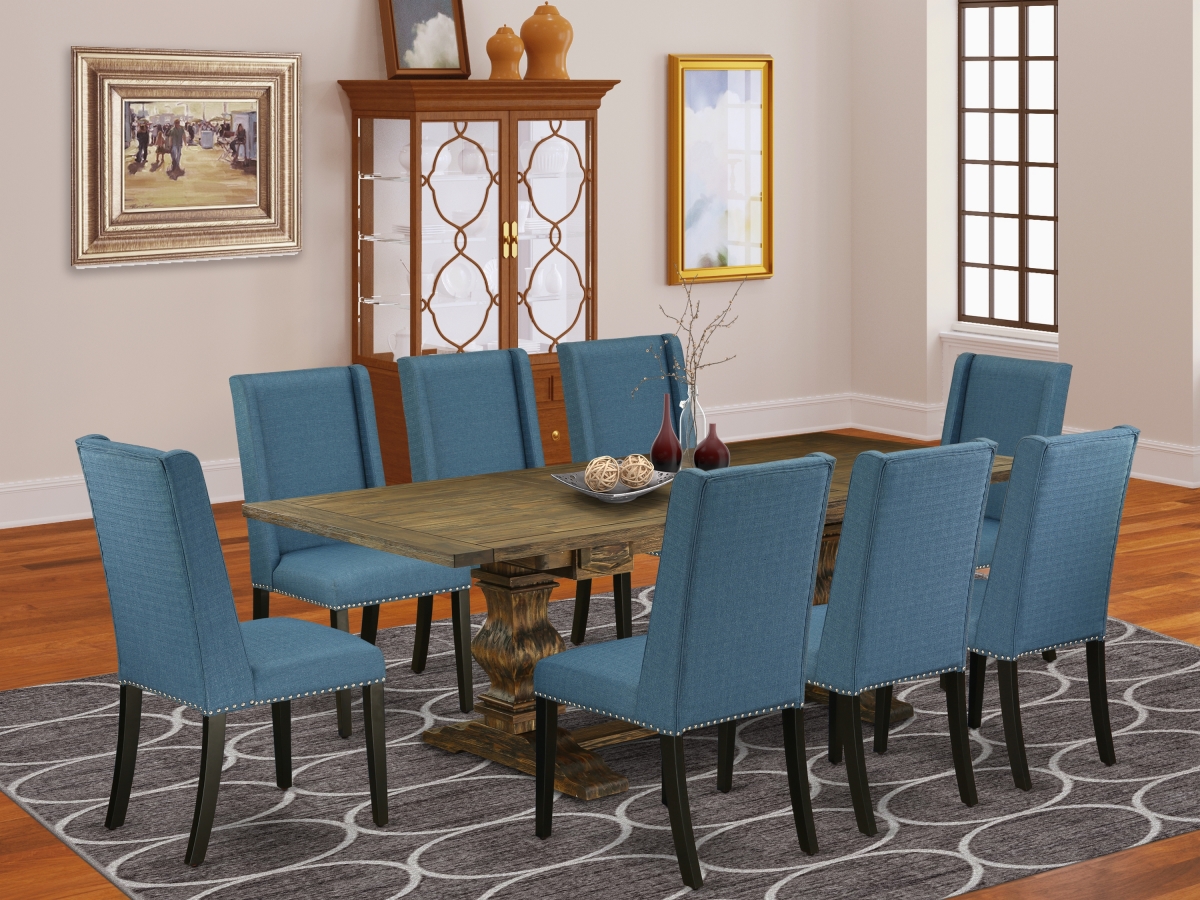 9 Piece Lassale Dining Table Set - Distressed Jacobean, Black & Mineral Blue