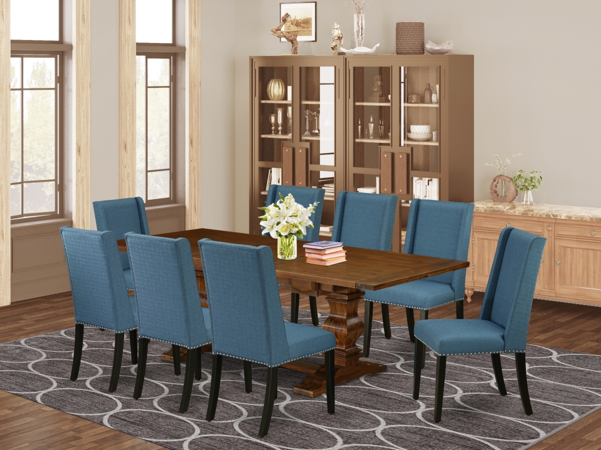 9 Piece Lassale Dining Table Set - Antique Walnut, Black & Mineral Blue