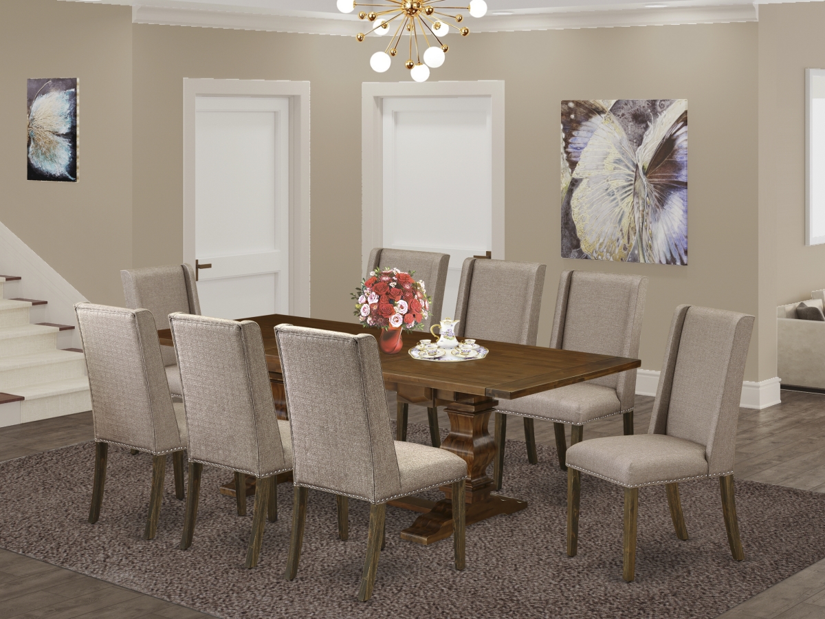 9 Piece Lassale Dining Set - Antique Walnut, Distressed Jacobean & Dark Khaki