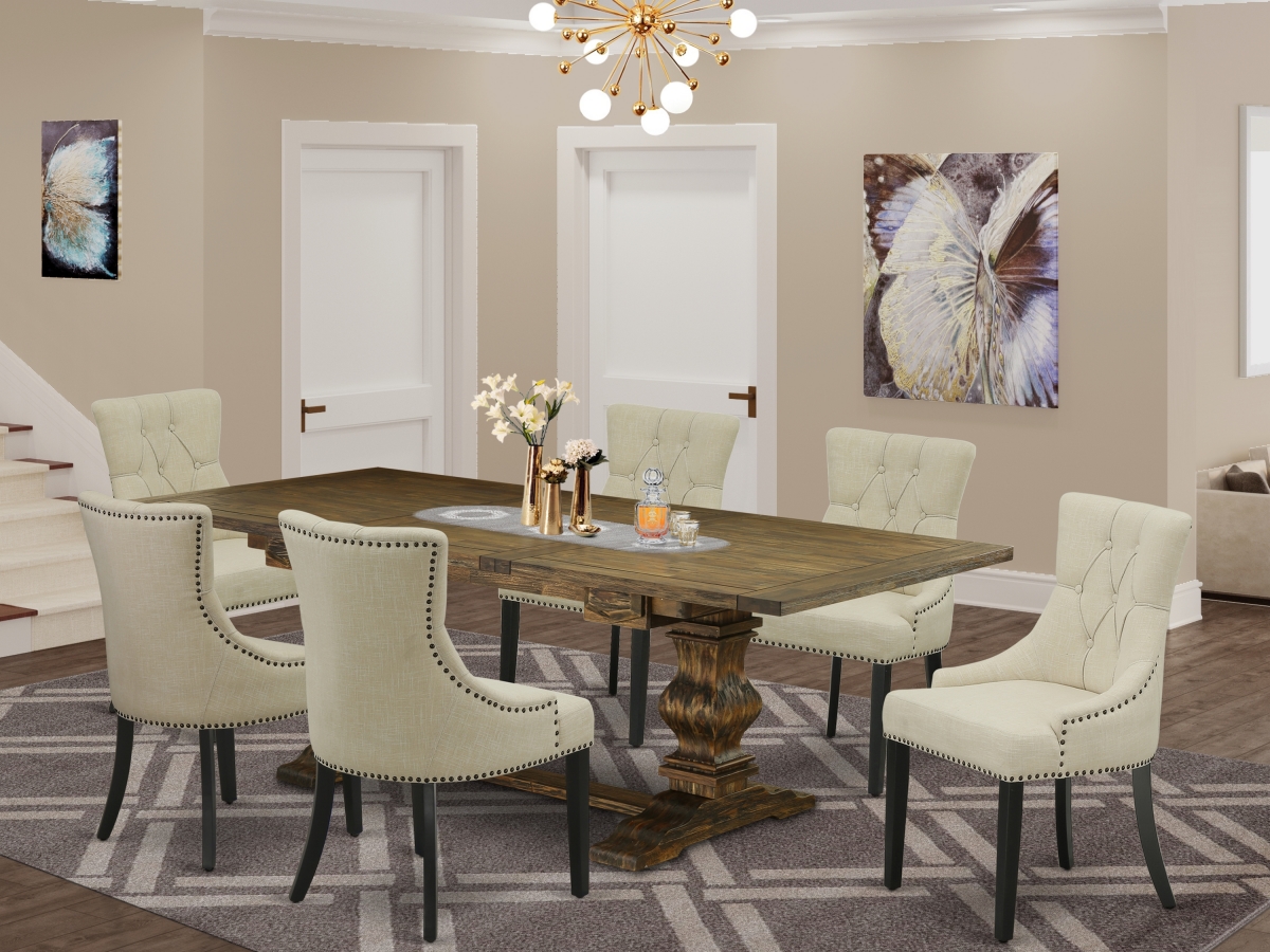 7 Piece Lassale Wood Dining Table Set - Distressed Jacobean, Black & Light Beige